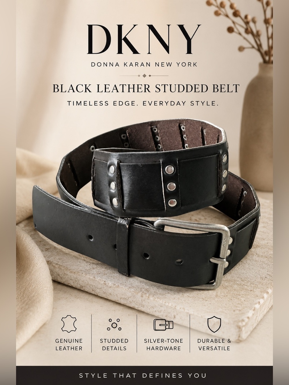 VTG DKNY Black Genuine Leather Studded Wide Belt Silver Hardware Size XL
